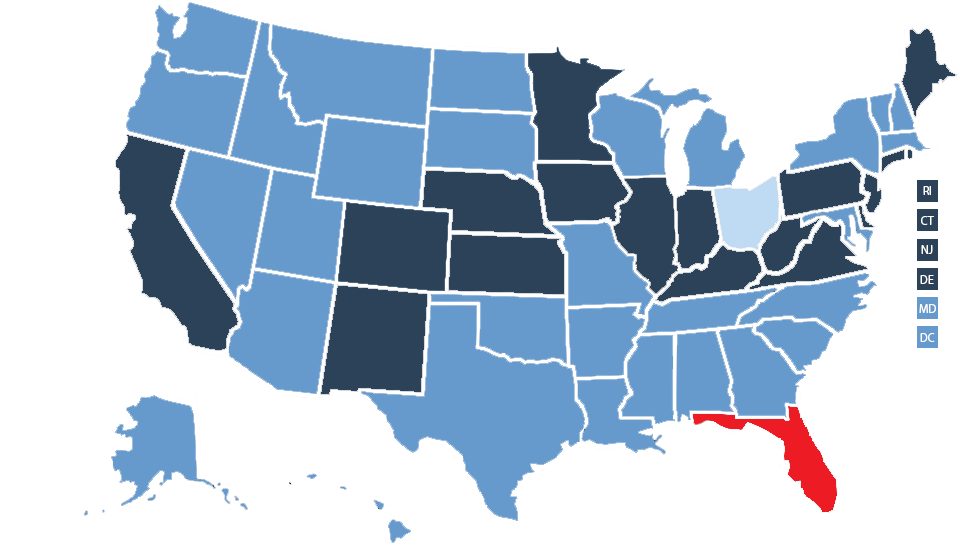 USA map showing florida in red, ohio in lightest blue (webinar/in-person only), California, Colorado, New Mexico, Nebraska, Kansas, Iowa, Minnesota, Illinois, Indiana, Kentucky, West Virginia, Virginia, Pennsylvania, Maryland, New Jersey, Connecticut, Rhode Island, Delaware, and Maine in dark blue (state certification required training), and the rest of the states in medium blue